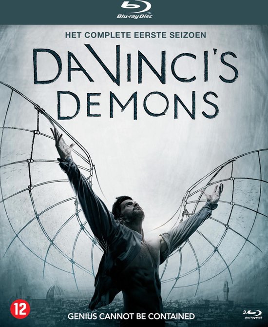 Blu-ray hoes voor Da Vinci's Demons. Man met armen omhoog, een skelet van vleugels achter hem. Titel bovenaan.