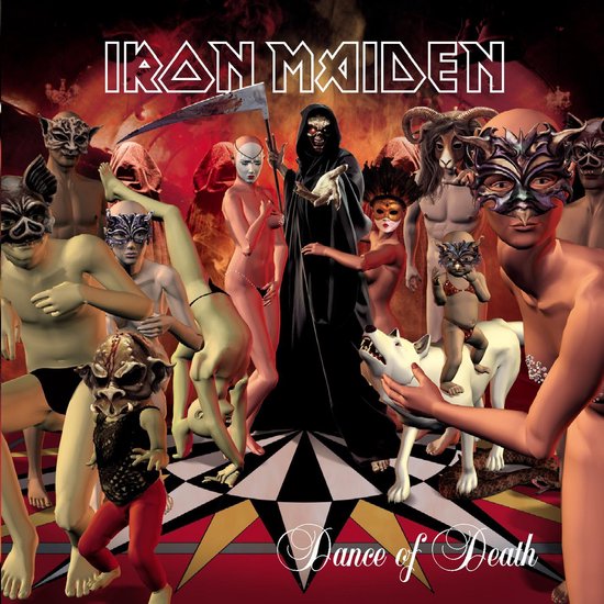 Iron Maiden "Dance of Death" albumcover met demonische figuren, een zeis en een wolf.