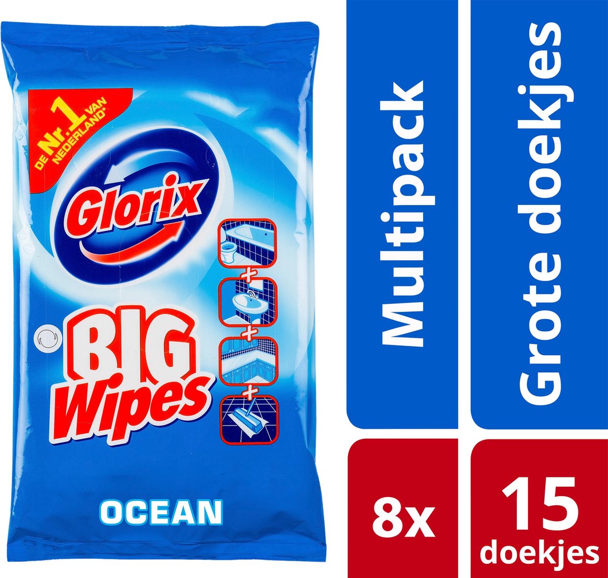 Glorix Ocean Big Wipes Schoonmaakdoekjes - 8 x 15 stuks - Voordeelverpakking - Glorix