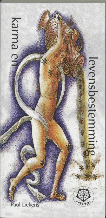 Cover met de titel 'karma en levensbestemming' van Paul Liekens, met een illustratie van de sterrenbeelden Waterman die water uit een kan giet.