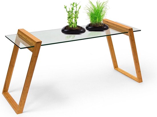 relaxdays Bijzettafel glasplaat - Houten tafel - Bamboe hout glas - Modern  design MUKAI. | bol.com