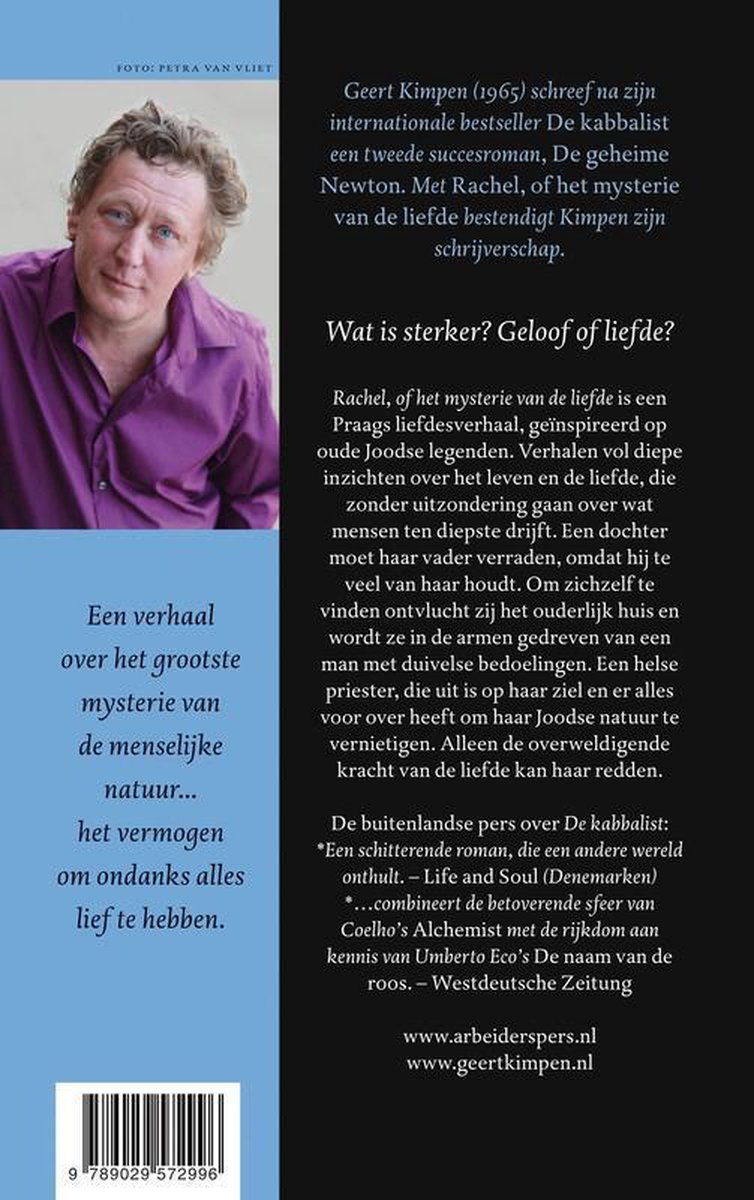 Achterkant boek "Rachel of het mysterie van de liefde" met foto van auteur Geert Kimpen.