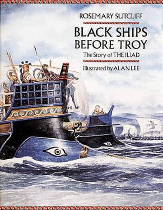 Boekomslag van "Black Ships Before Troy" met gedetailleerde illustratie van oude Griekse schepen op zee.