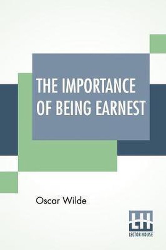 Boek "The Importance of Being Earnest" van Oscar Wilde met een blauwe en groene grafische voorkant.