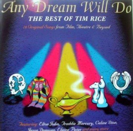 Albumhoes 'Any Dream Will Do - The Best of Tim Rice' met toverlamp, lampen en iconische figuren. Met "Featuring Elton John, Freddie Mercury, Celine Dion".