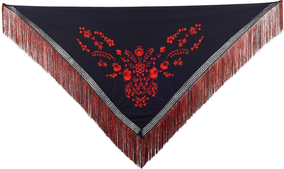La Senorita Foulard Ceinture Châle Danse Flamenco Broderie Noir Rouge Franges Rouge Large