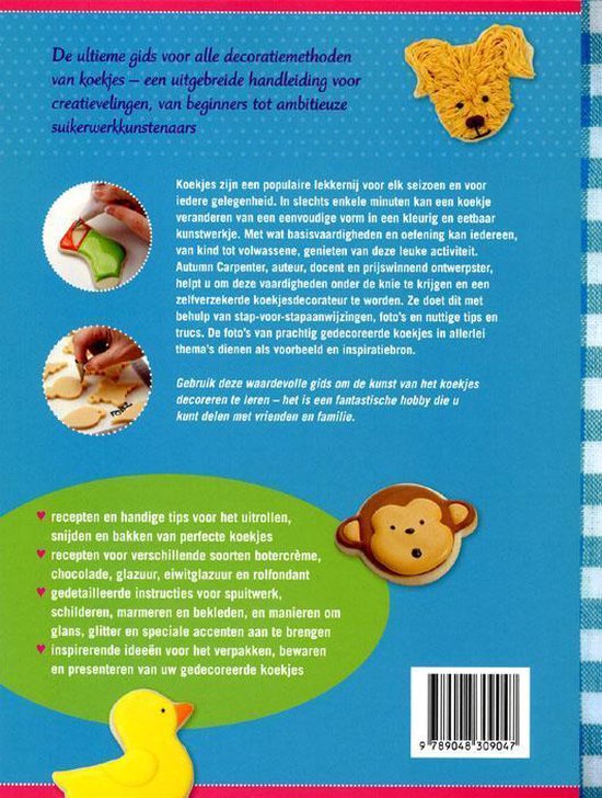 Boek "Koekjes decoreren": handleiding voor creatieve koekjes met recepten en inspiratie, met decoraties van een hond, aap en eend.