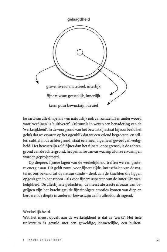 Diagram met lagen: materieel uiterlijk, geestelijk innerlijk en kern puur bewustzijn, de ziel.