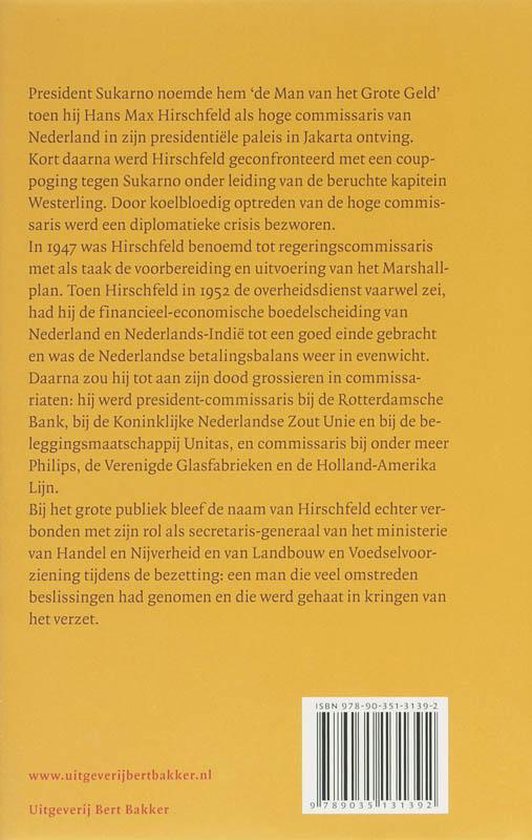 Achterkant van een boek met tekst over Dr. Hans Max Hirschfeld, inclusief ISBN en website.