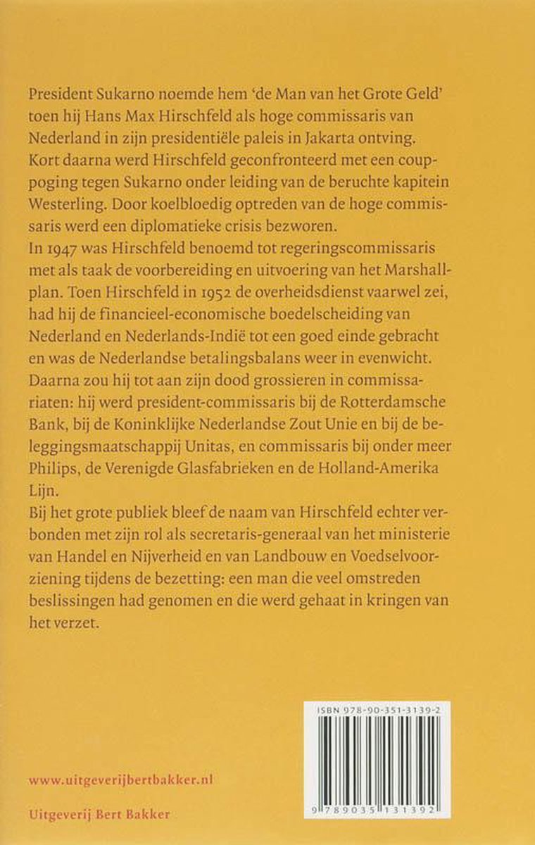 Achterkant van een boek met tekst over Dr. Hans Max Hirschfeld, inclusief ISBN en website.