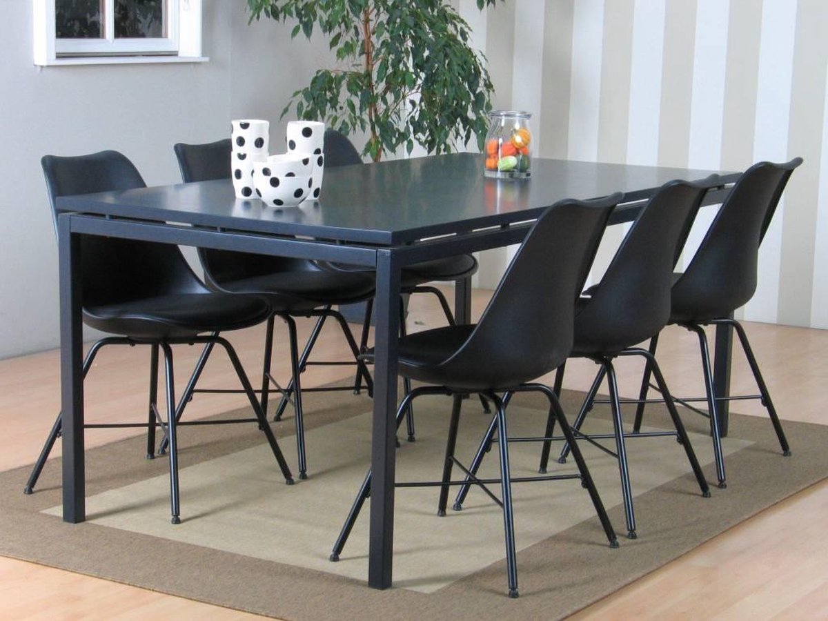 Peak eethoek #66 grijze tafel met 6 zwarte stoelen