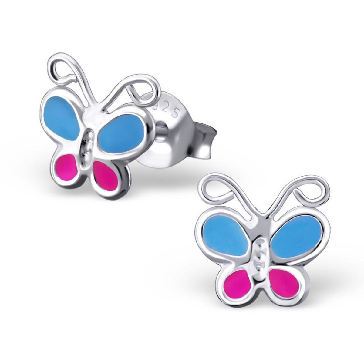 Zilveren kinderoorbellen vlinder blauw-roze