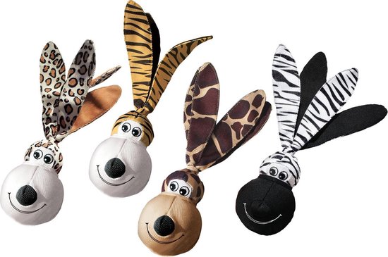 Vier hondenspeeltjes: luipaard, tijger, giraf en zebraprint, met ronde hoofden, oren, grote ogen en lachende monden.
