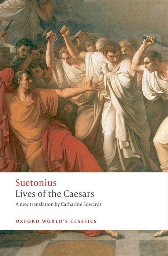 Boekomslag van 'Lives of the Caesars' door Suetonius, met een schildering van een Romeinse scène.