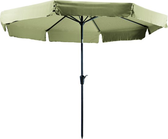 Ecru parasol met een diameter van 300 cm, met een ecru luifel en een zwart metalen frame.