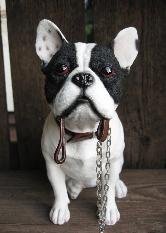 figurine chien Bouledogue Fran ais blanc noir avec laisse