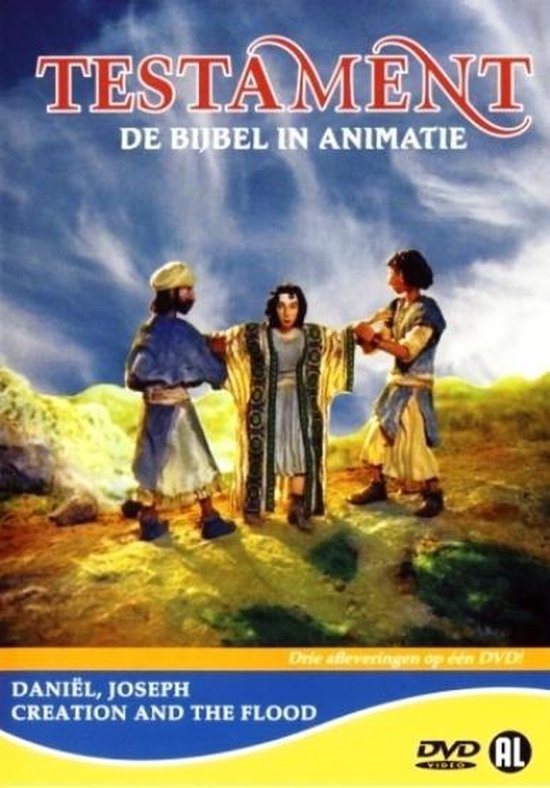 Animatiefilm 'Testament: De Bijbel in Animatie' met Daniels, Joseph en de Zondvloed. Drie figuren in Bijbelse kleding staan voor een heuvelachtig landschap.