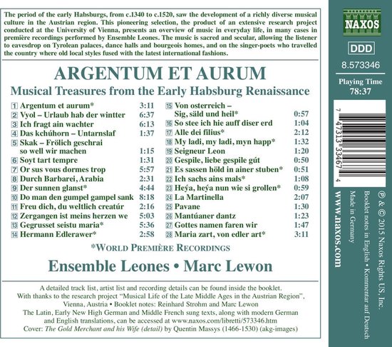 Lijst met titels voor het album Argentum et Aurum, Musical Treasures from the Early Habsburg Renaissance.
