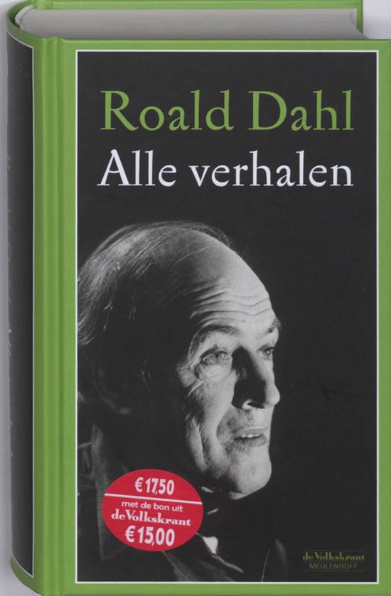 Groene boek met zwart kaft. Portret van Roald Dahl. Titel 'Roald Dahl Alle verhalen'. Prijssticker.