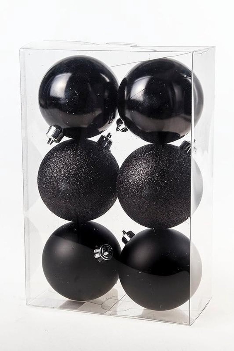 6x Zwarte kunststof kerstballen 8 cm Mat/glans/glitter