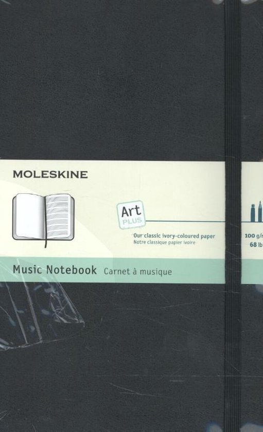 Zwarte Moleskine Music Notebook met een crèmekleurige band met het "Art Plus" logo en illustraties.