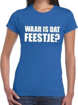 Waar is dat feestje dames T-shirt blauw XS