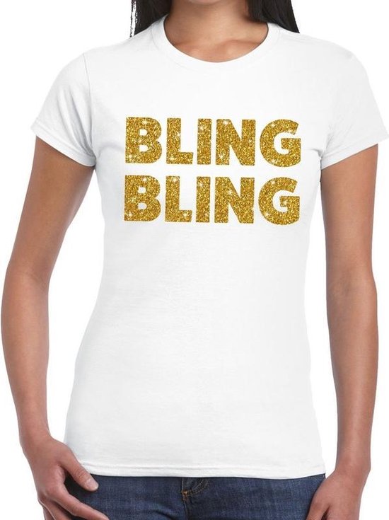 Bling Bling gouden glitter tekst t-shirt wit dames - dames shirt Bling Bling XS
