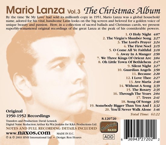 Albumhoes met Mario Lanza, titel 'The Christmas Album vol.3', liedjeslijst en logo's.