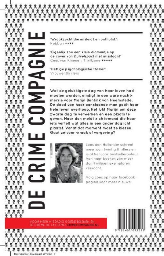 Achterkant van het boek 'De Crime Compagnie' met opdruk en tekst. Achtergrond met doodshoofden.