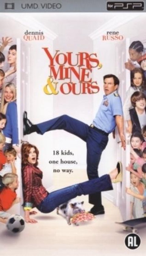 Filmcover van 'Yours, Mine & Ours' met Dennis Quaid en Rene Russo, omringd door 18 kinderen.