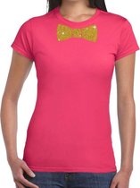 Roze fun t-shirt met vlinderdas in glitter goud dames S