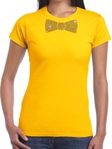 Geel fun t-shirt met vlinderdas in glitter goud dames L