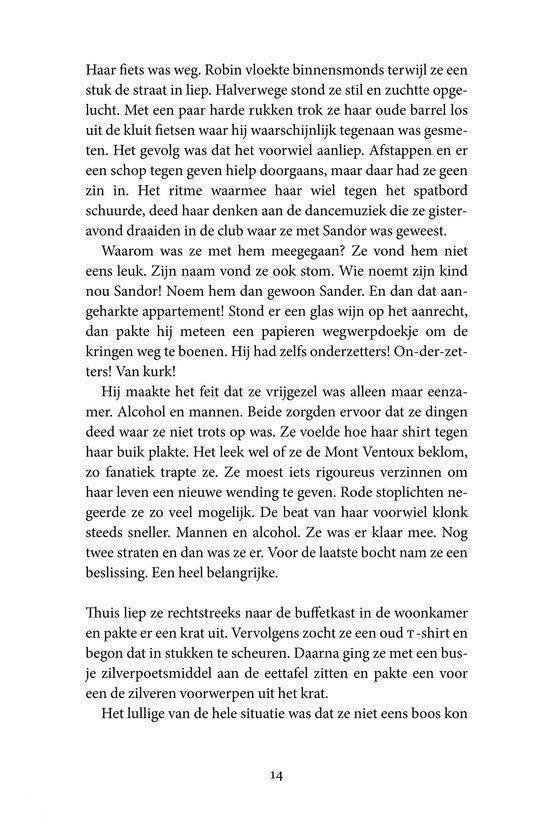 Een pagina uit een boek met Nederlandse tekst over Robin. Beschrijft haar ervaringen met mannen, alcohol en dansen.
