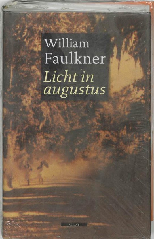 Boek "Licht in augustus" van William Faulkner met een illustratie van een bosrijke omgeving en tekst.