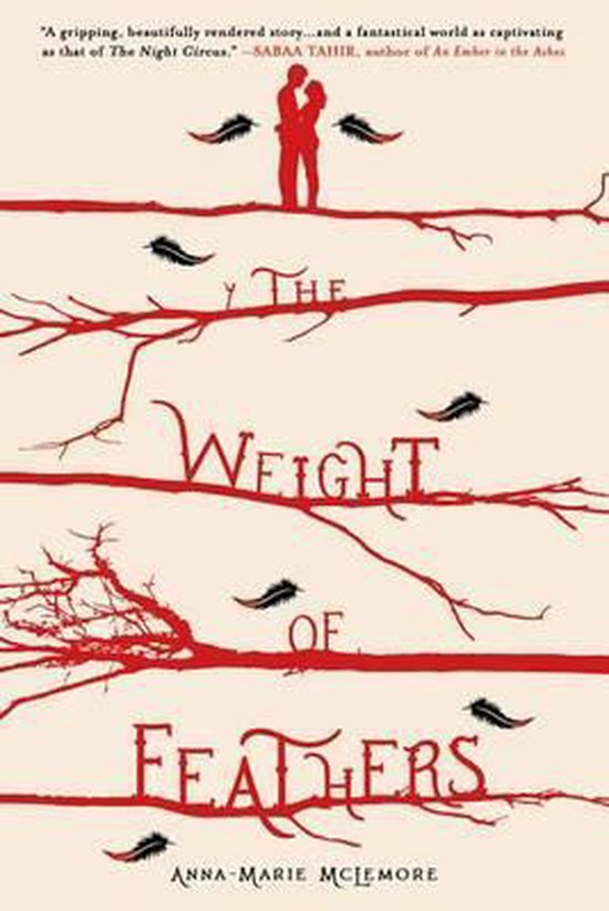 Boekcover 'The Weight of Feathers' met rode takken en veren, en een silhouet van een stel.