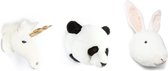 Wild&Soft- Wanddecoratie set van drie mini dierenkoppen eenhoorn,panda,konijn