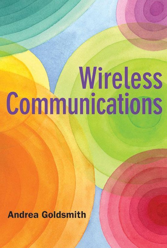 Boek 'Wireless Communications' van Andrea Goldsmith, met een kleurrijke waterverfachtergrond van cirkels in groen, geel, oranje, roze en paars.