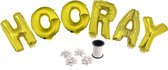 Folie ballonset goud met letters HOORAY 41 cm + geschenklint 10m met 4 witte strikken