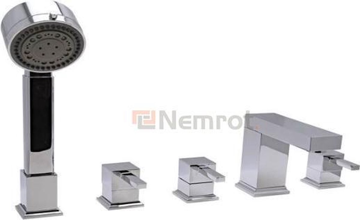 HACEKA 5 GATS VIERKANT DESIGN BADRANDKRAAN COMBINATIE MET OMSTEL EN HANDDOUCHESET CHROOM