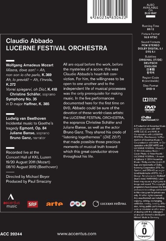 DVD: Claudio Abbado en het Lucerne Festival Orchestra met Mozart Concert Arias, Symfonie Nr. 35 Haffner, en Beethoven Incidenteel muziek voor Egmont.