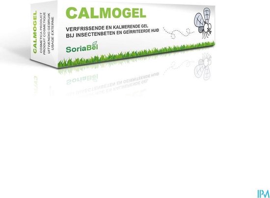 CALMOGEL verfrissende en kalmerende gel bij insectenbeten. Met vliegillustratie en gras.