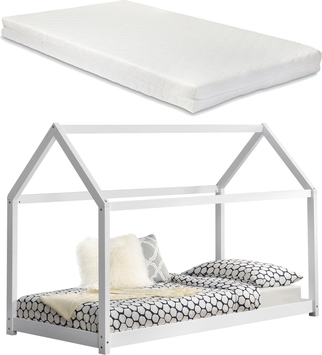 en.casa Kinderbed houten bed huisbed 200x90 met matras - wit wit, mat gelakt