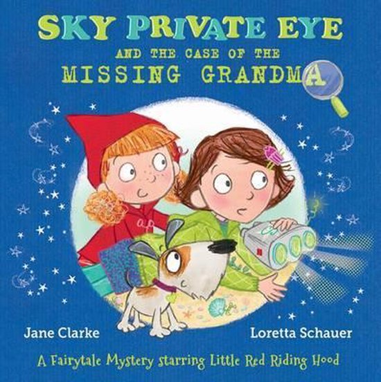 Boekomslag 'Sky Private Eye and the Case of the Missing Grandma'. Twee meisjes en een hondje kijken bezorgd. Tekst: 'SKY PRIVATE EYE AND THE CASE OF THE MISSING GRANDMA'.