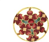 Behave® Broche goud-kleur rond met bloemen rood - emaille sierspeld -  sjaalspeld