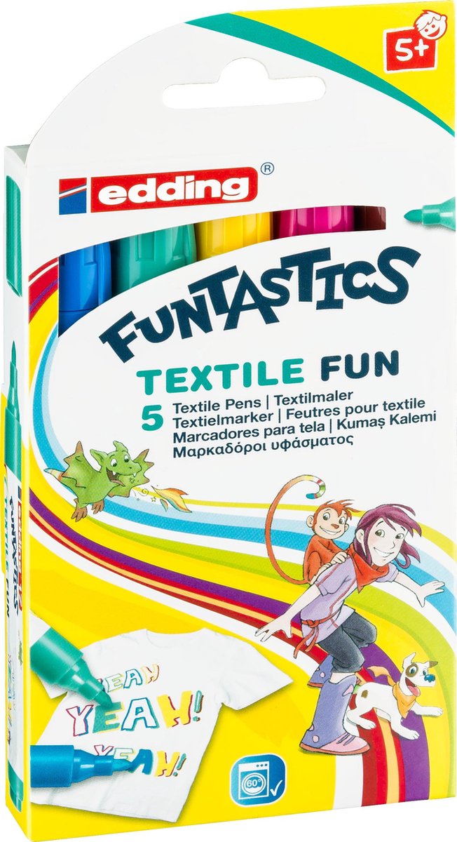 edding 17/5 S Funtastic textiel kinderstiften assorti fun set - ronde punt - 2-3 mm - carnaval kleding versieren - set van 5 stuks