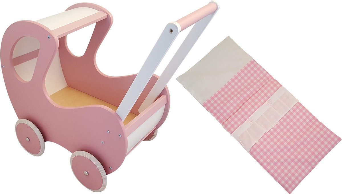 Bol.com Playwood - Houten Poppenwagen roze / wit klassiek met kap - inclusief dekje roze ruitjes aanbieding