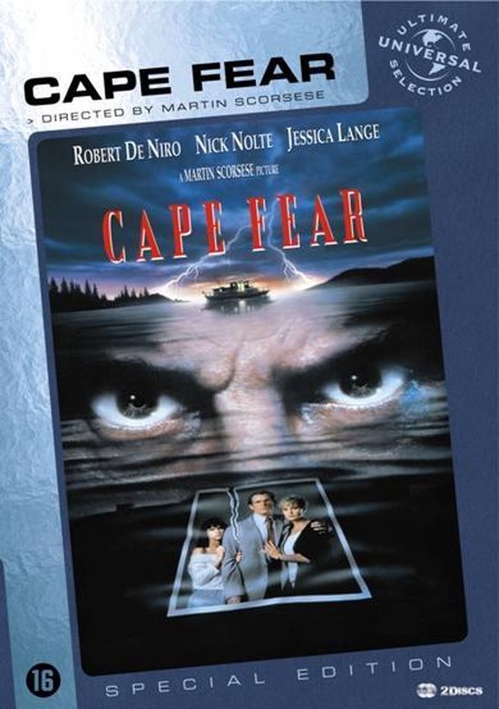 Filmcover 'Cape Fear' met close-up van enge ogen, een boot op water en de cast.