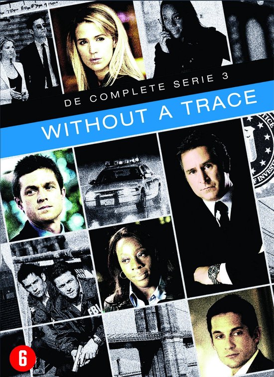 DVD-hoes met collage van gezichten en FBI-scènes, titel "WITHOUT A TRACE DE COMPLETE SERIE 3".