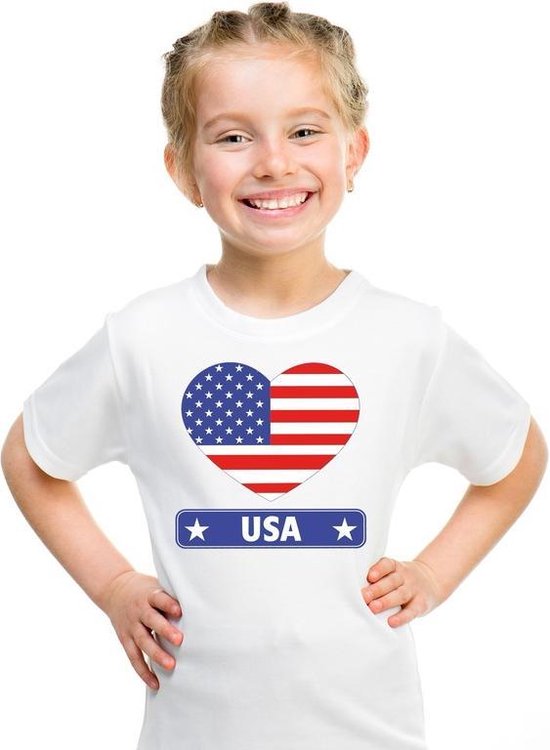Amerika/ USA kinder t-shirt met Amerikaanse vlag in hart wit jongens en meisjes
