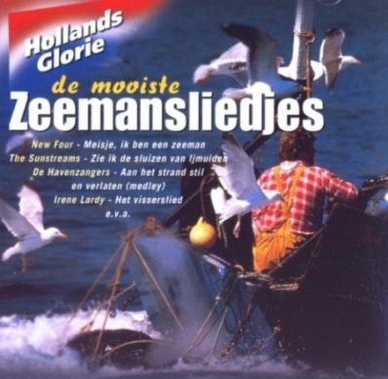 Albumhoes met de titel 'Hollands Glorie de mooiste Zeemansliedjes'. Een persoon op een boot met meeuwen.